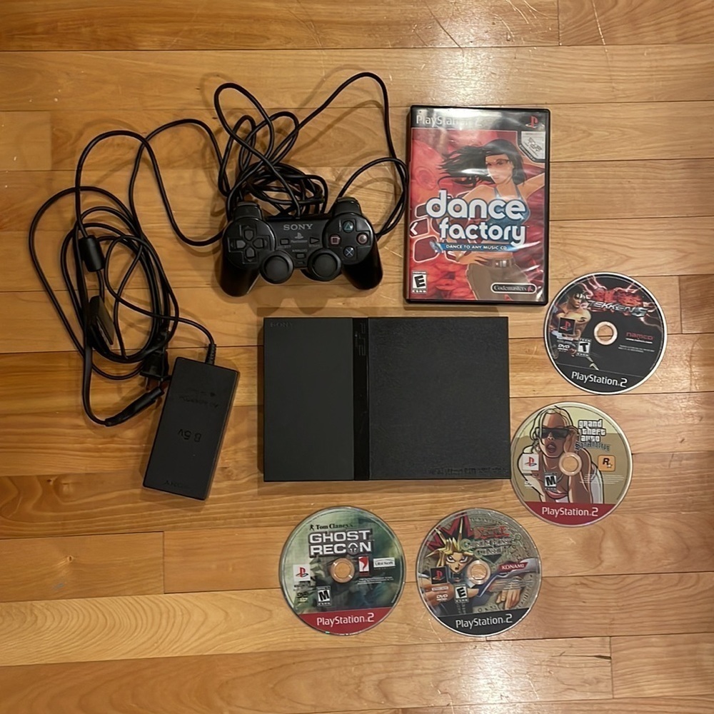 Sony Playstation 2 Slim Console Bundle w/ 1 Controller & 5 Games & 16MB Card